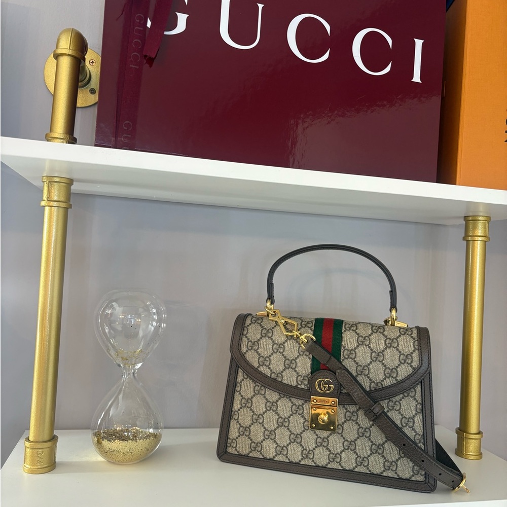 Gucci Beige and Gray Satchel with Green and Red Stripe